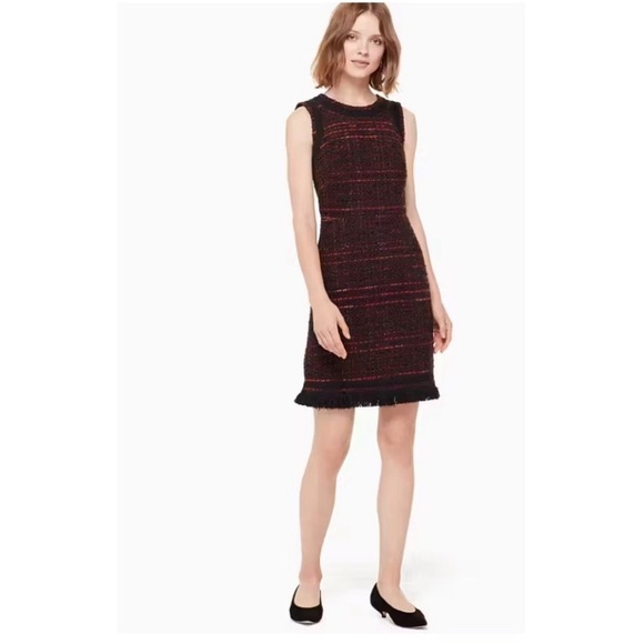 Kate Spade Tweed Knit Fringe Sleeveless Sheath Mini Dress Preppy Black 8 - Picture 1 of 10